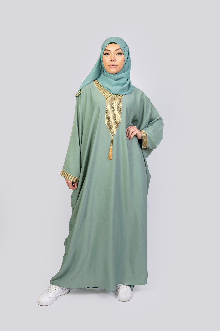Women's Traditional Moroccan Style kaftan in colour saga green