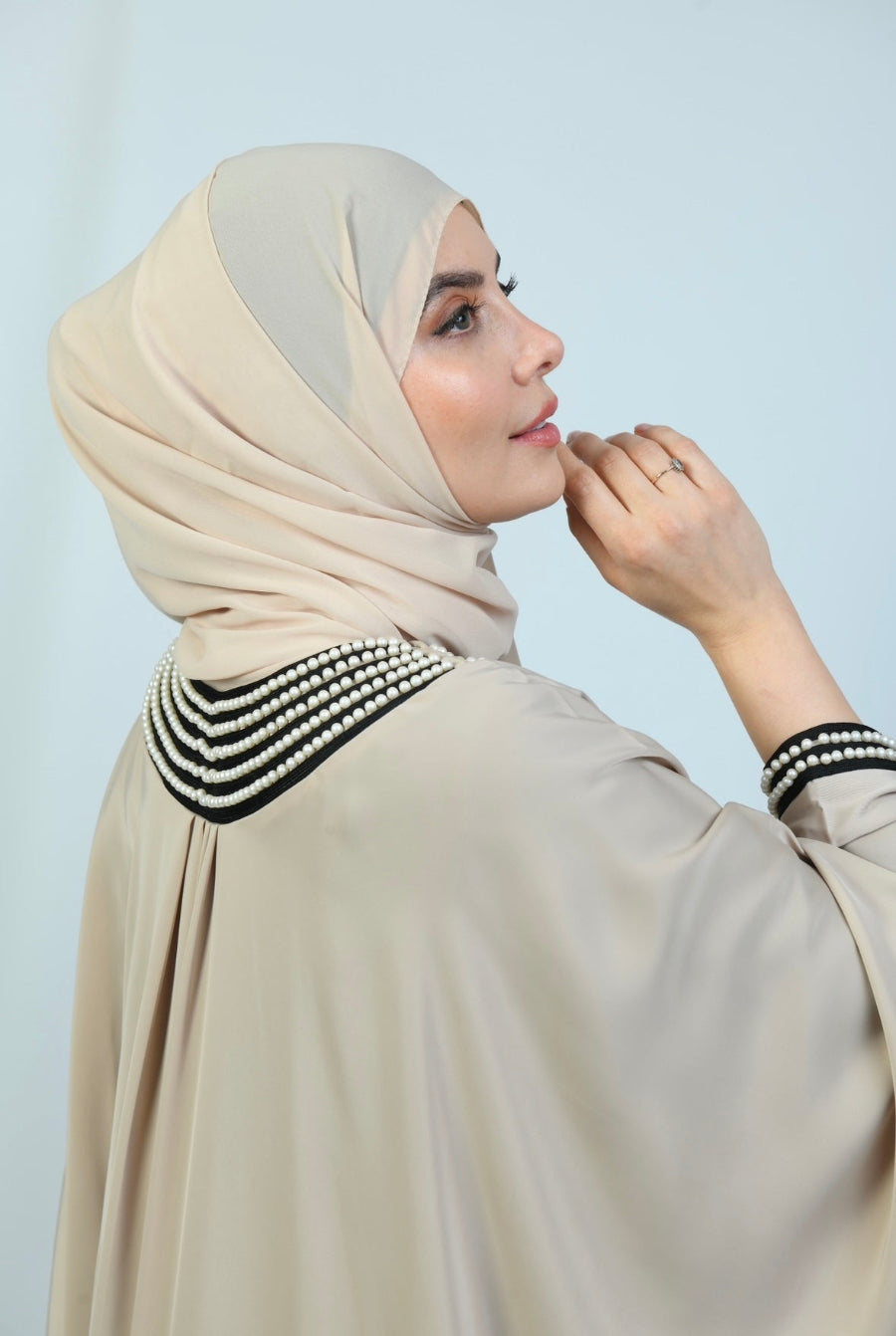Batwing Beaded Abaya in beige