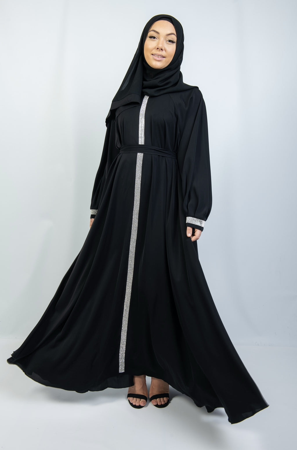 Abaya with Embellished Features and Flared Shape in black Abayas By Iqra