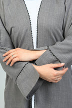 Grey & White Farah Abaya, three-piece set featuring a flowy grey kimono and white under dress