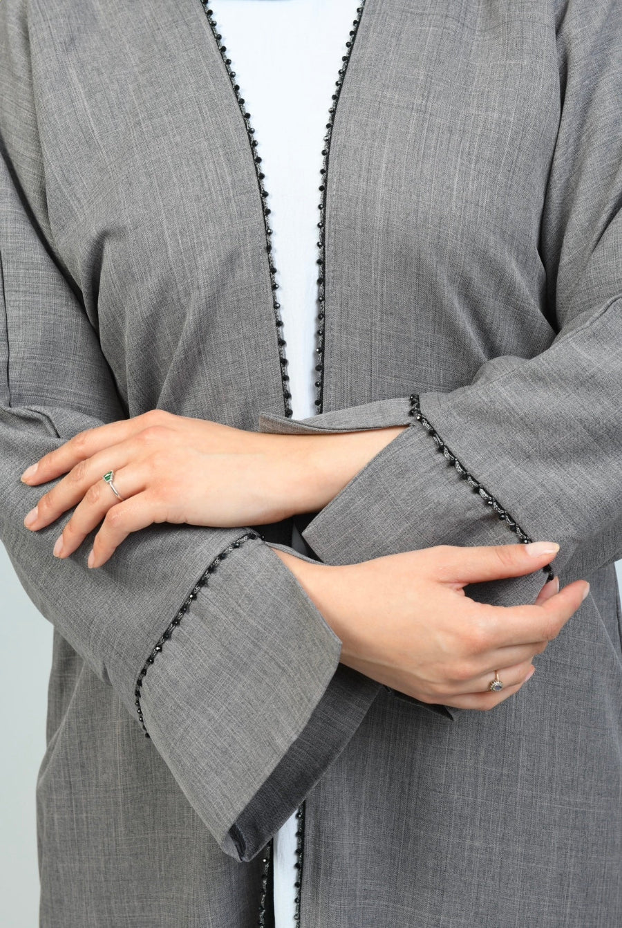 Grey & White Farah Abaya, three-piece set featuring a flowy grey kimono and white under dress