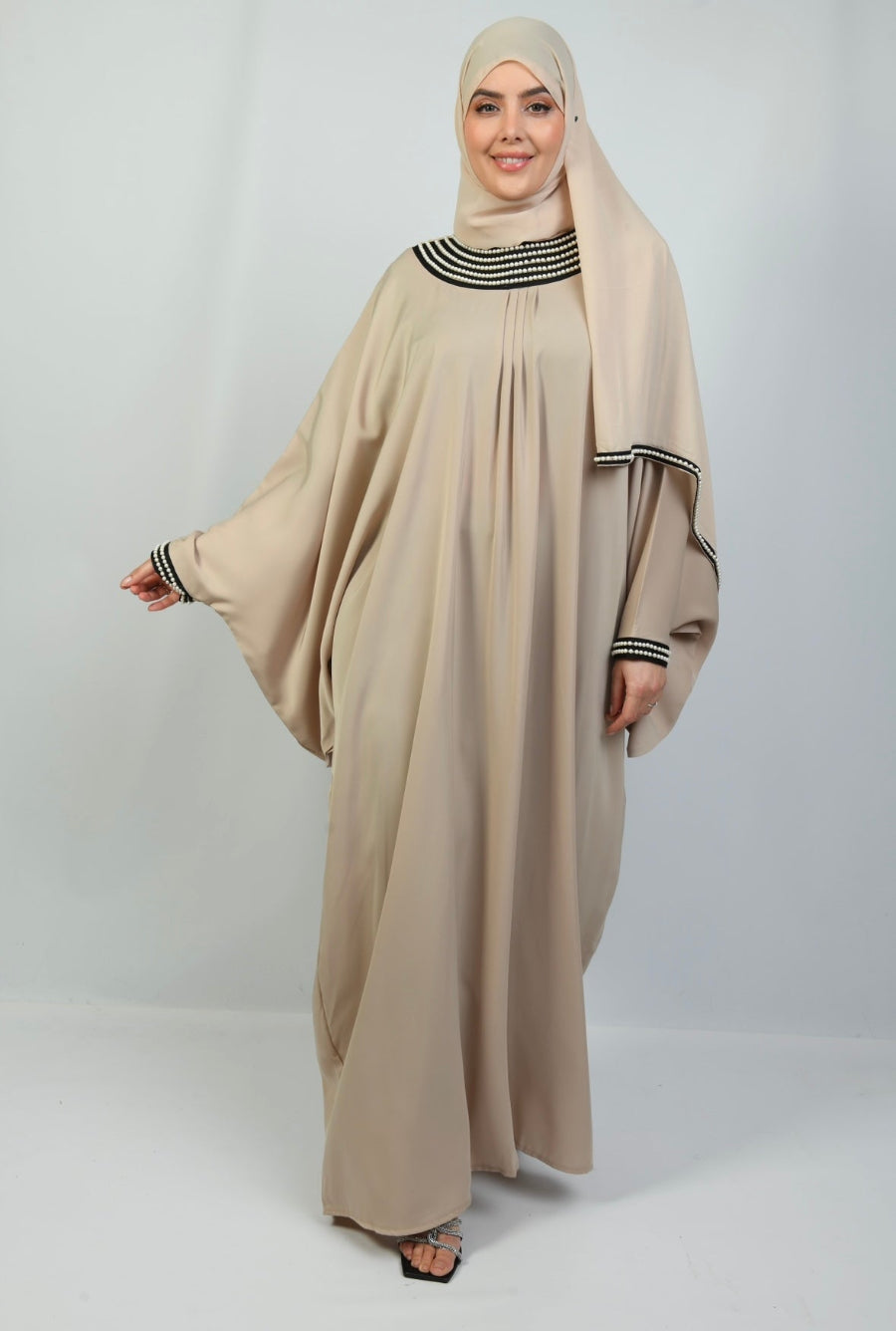 Batwing Beaded Abaya in beige