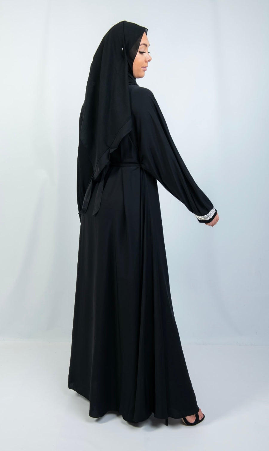 Abaya with Embellished Features and Flared Shape in black Abayas By Iqra