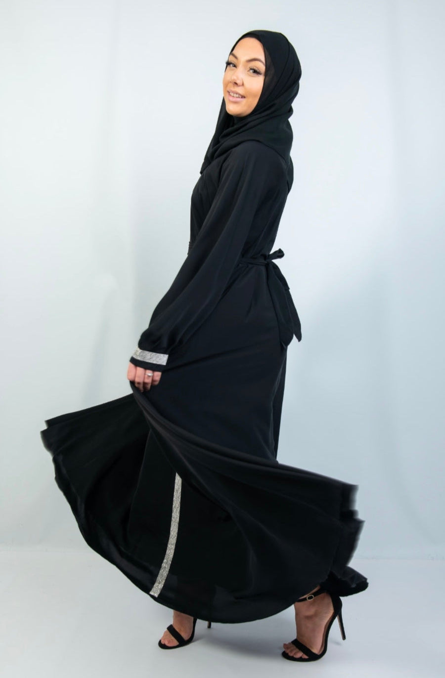 Abaya with Embellished Features and Flared Shape in black Abayas By Iqra