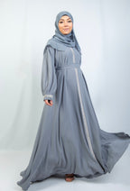 Abaya with Embellished Features and Flared Shape in grey Abayas By Iqra