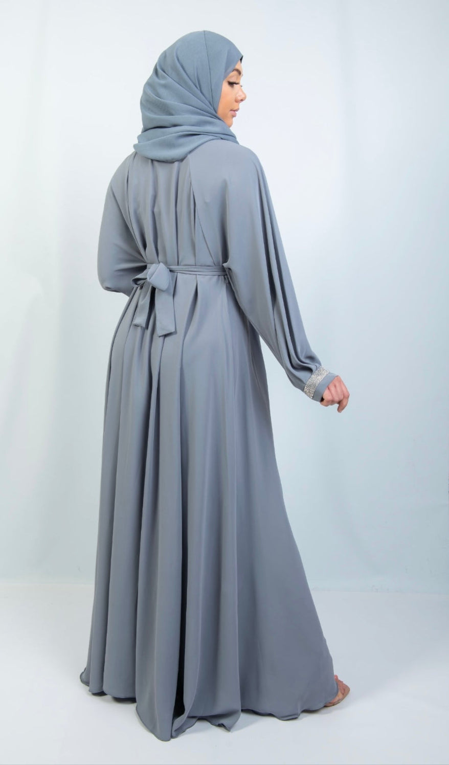 Abaya with Embellished Features and Flared Shape in grey Abayas By Iqra