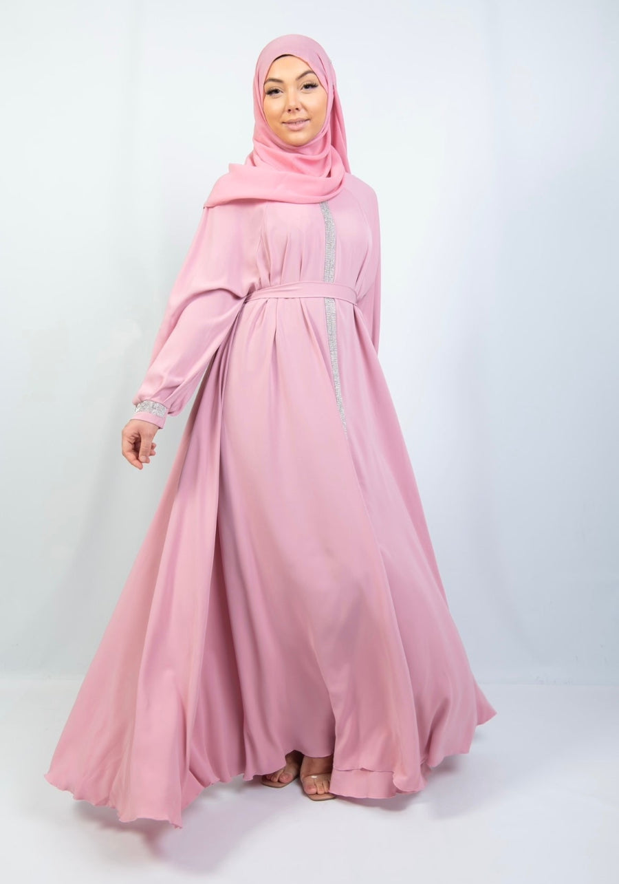 Abaya with Embellished Features and Flared Shape in pink Abayas By Iqra