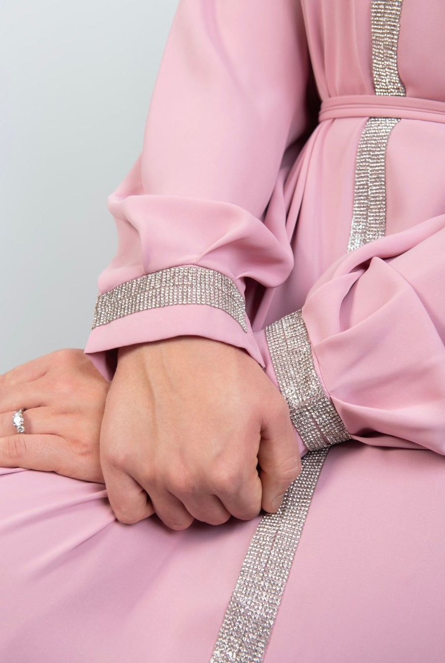 Abaya with Embellished Features and Flared Shape in pink Abayas By Iqra