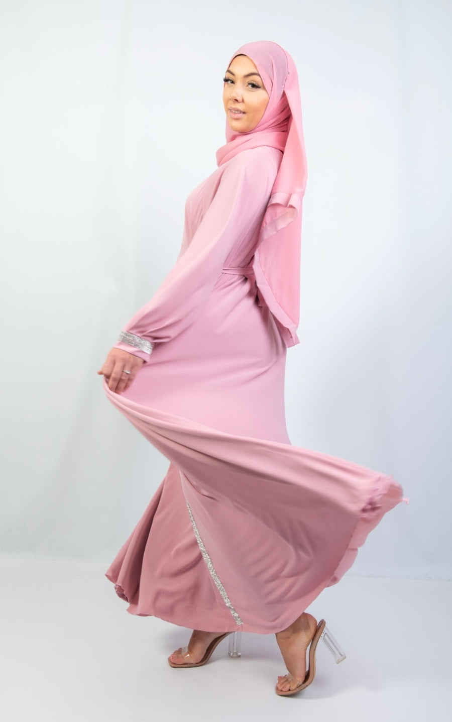 Abaya with Embellished Features and Flared Shape in pink Abayas By Iqra