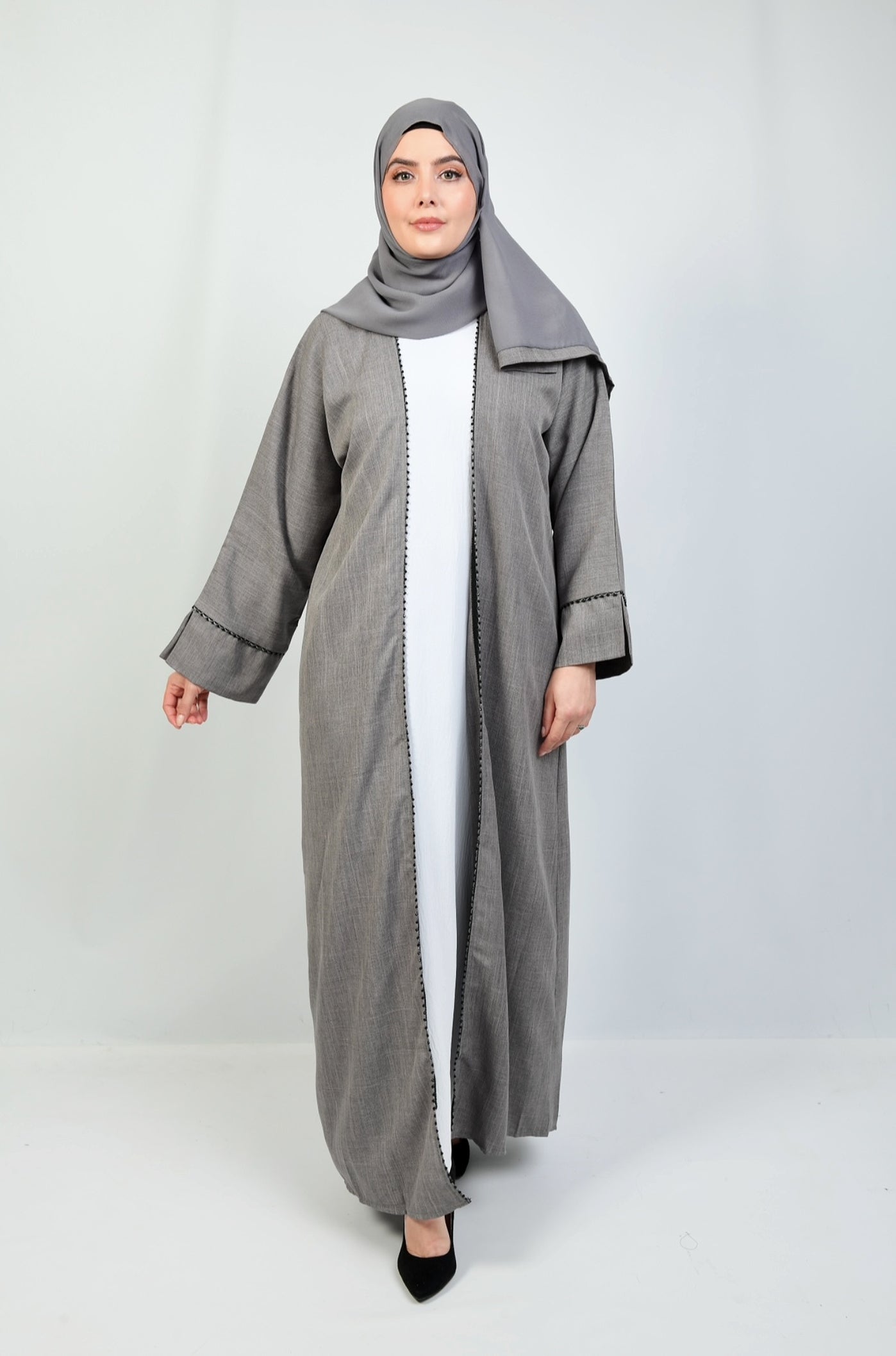 Grey & White Farah Abaya, three-piece set featuring a flowy grey kimono and white under dress